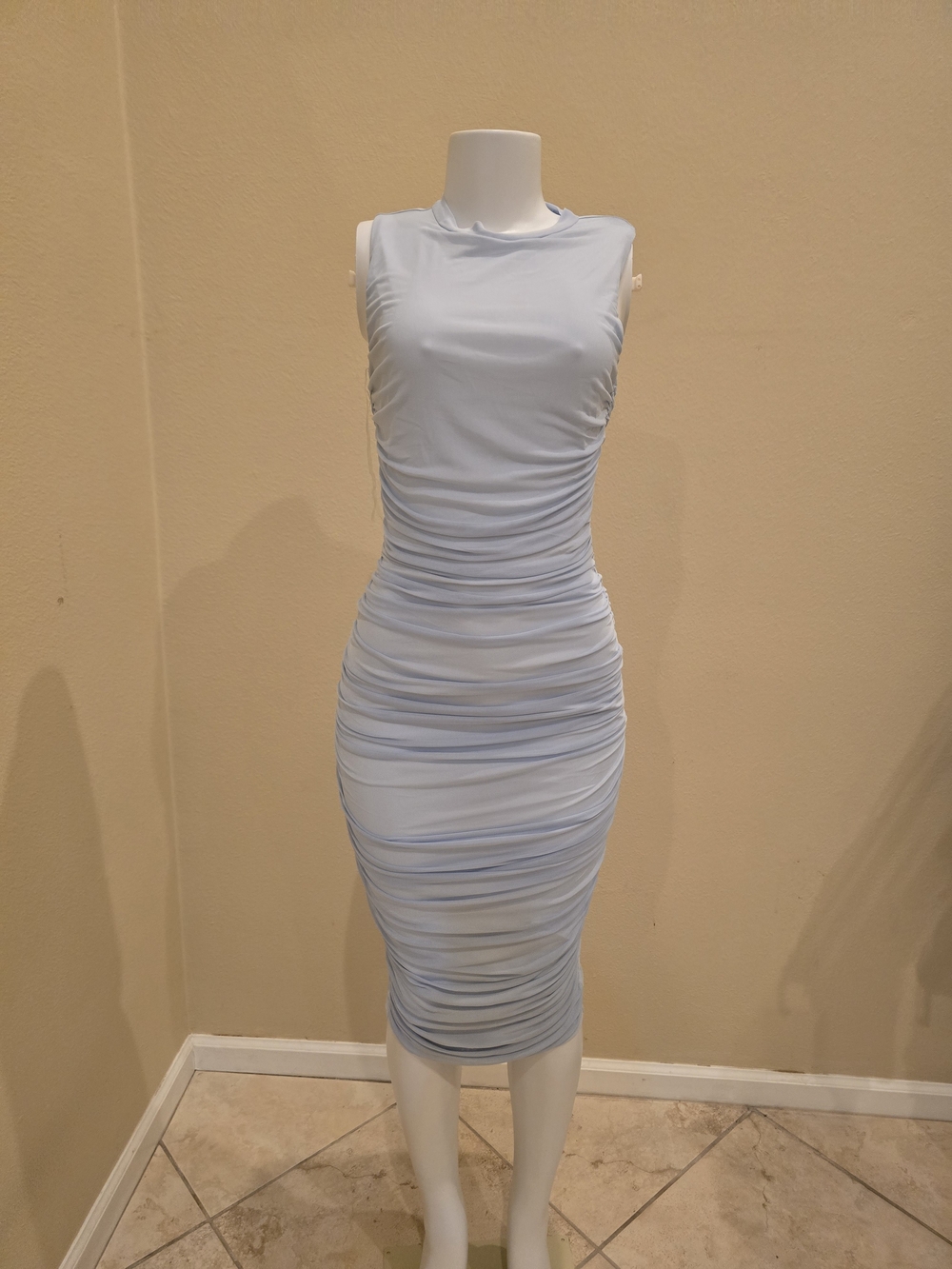 Sleeveless Light Sky Blue Ruched Midi Dress